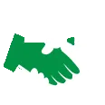 Hands shaking icon with a green hand on the left and a white on the right.