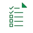 White reporting contributions icon with small green checkmarks and lines.